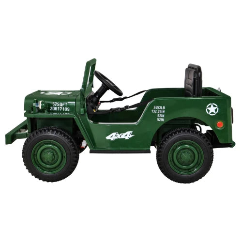 Carro Elétrico para Criança Jipe WILLYS 12v Verde Tropa c/ RODAS DE BORRACHA & ASSENTO EM PELE