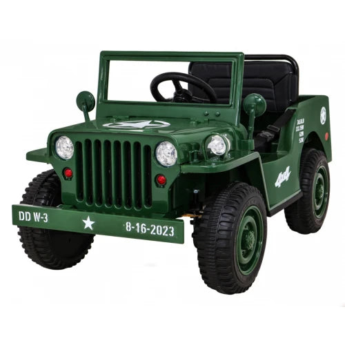 Carro Elétrico para Criança Jipe WILLYS 12v Verde Tropa c/ RODAS DE BORRACHA & ASSENTO EM PELE
