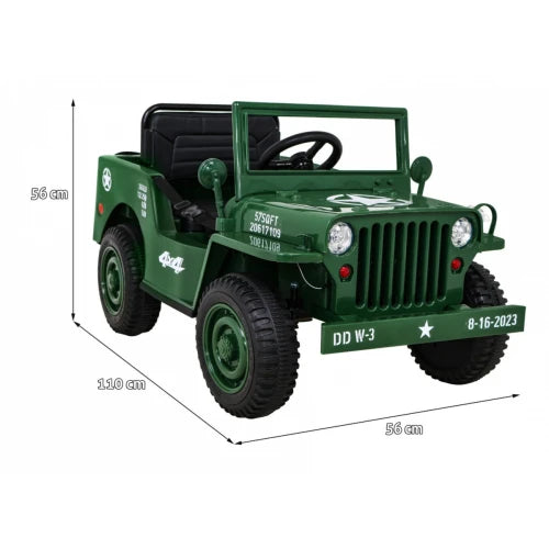 Carro Elétrico para Criança Jipe WILLYS 12v Verde Tropa c/ RODAS DE BORRACHA & ASSENTO EM PELE