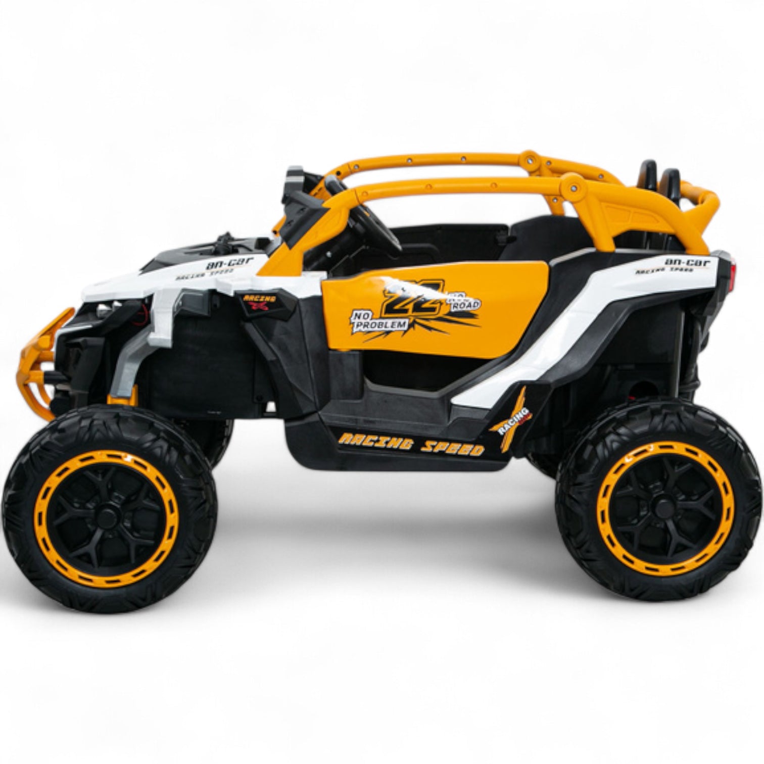 Carro Elétrico para Criança Buggy Speed Branco e Amarelo 12v c/ RODAS DE BORRACHA & ASSENTO EM PELE