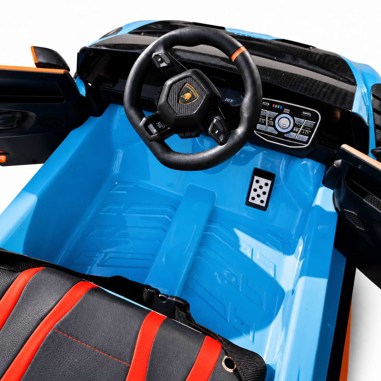 Carro Elétrico para Criança LAMBORGHINI STO 12v Azul c/ RODAS DE BORRACHA & ASSENTO EM PELE