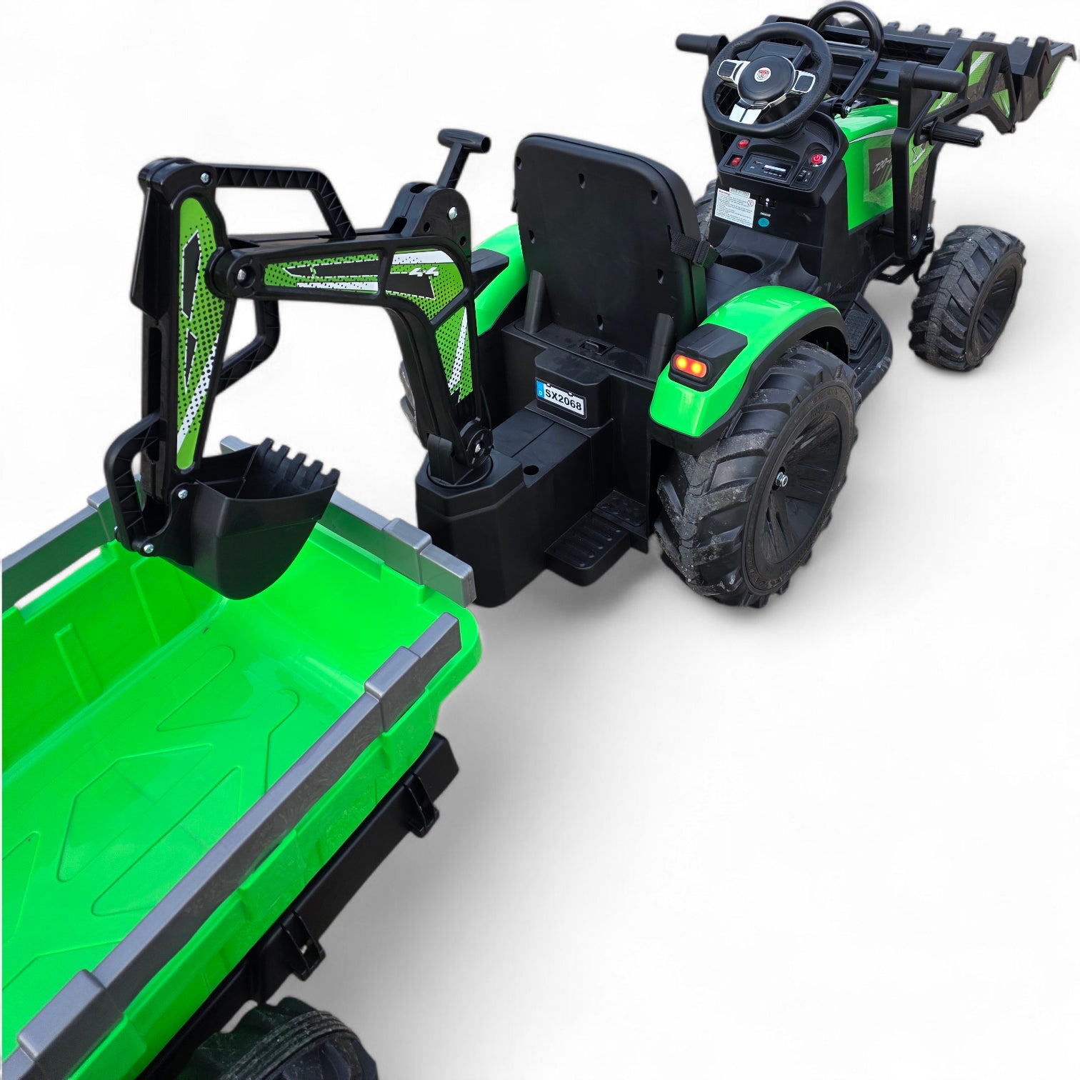 Trator Elétrico para Criança c/ Atrelado e escavadora 12v Verde c/ RODAS DE BORRACHA & ASSENTO EM PELE