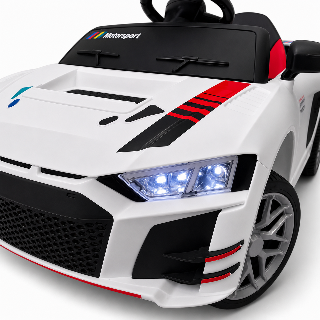 Carro Elétrico para Criança R8 Style 12v Branco c/ RODAS DE BORRACHA & ASSENTO EM PELE