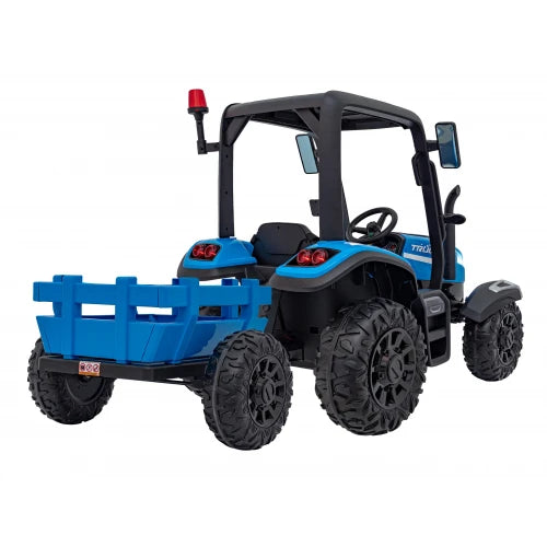 Trator Elétrico para Criança com Atrelado 24v Azul c/ RODAS DE BORRACHA & ASSENTO EM PELE