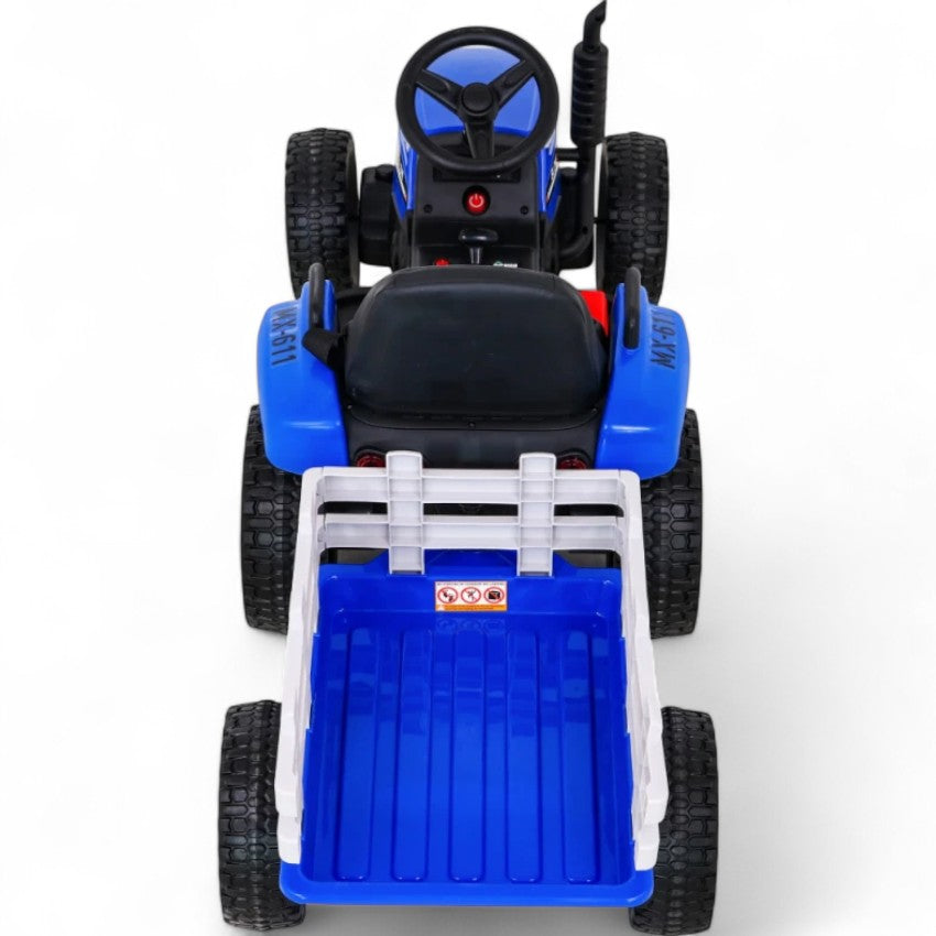 Trator Elétrico para Criança com Atrelado 12v Azul c/ RODAS DE BORRACHA & ASSENTO EM PELE