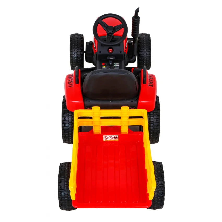 Trator Elétrico para Criança com Atrelado 12v Vermelho c/ RODAS DE BORRACHA & ASSENTO EM PELE