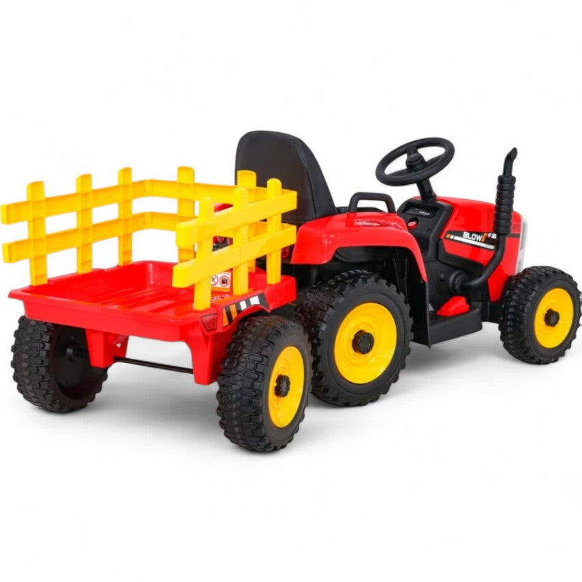Trator Elétrico para Criança com Atrelado 12v Vermelho c/ RODAS DE BORRACHA & ASSENTO EM PELE