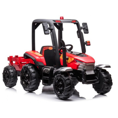 Trator Elétrico para Criança com Atrelado 24v Vermelho c/ RODAS DE BORRACHA & ASSENTO EM PELE