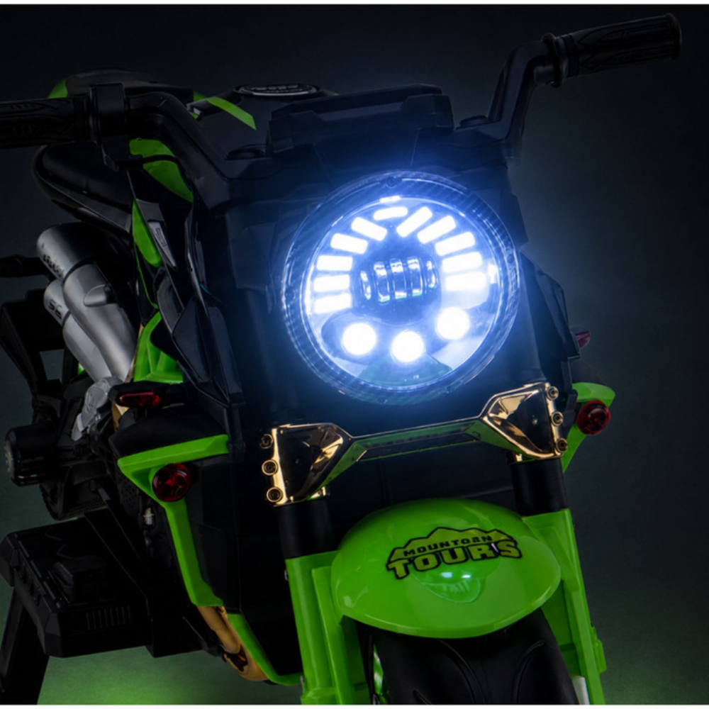 Mota Elétrica para Criança RUSH 12v Preta e Verde c/ RODAS DE BORRACHA & ASSENTO EM PELE ECOLÓGICA