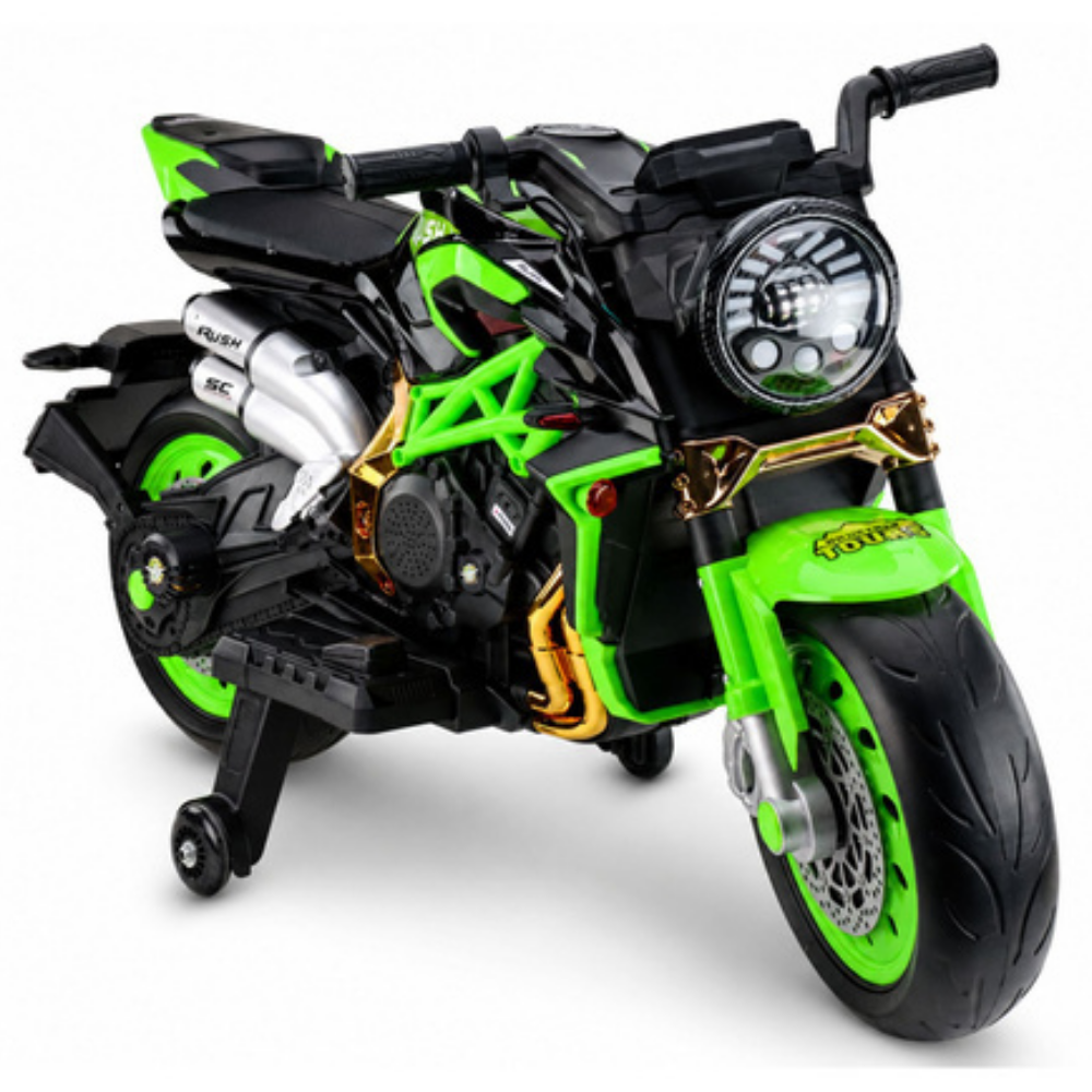 Mota Elétrica para Criança RUSH 12v Preta e Verde c/ RODAS DE BORRACHA & ASSENTO EM PELE ECOLÓGICA