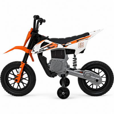 Mota Elétrica para Criança estilo CROSS 12v Laranja c/ RODAS DE BORRACHA & ASSENTO EM PELE