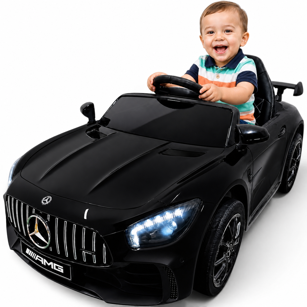 Carro Elétrico para Criança MERCEDES GTR MINI 12v BATERIA DE LITIO Preto c/ RODAS DE BORRACHA & ASSENTO EM PELE