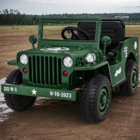 Carro Elétrico para Criança Jipe WILLYS 12v Verde Tropa c/ RODAS DE BORRACHA & ASSENTO EM PELE