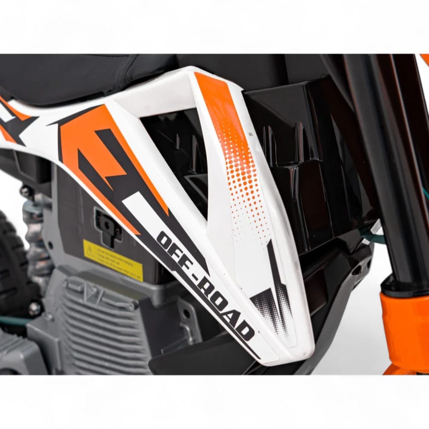 Mota Elétrica para Criança estilo CROSS 12v Laranja c/ RODAS DE BORRACHA & ASSENTO EM PELE