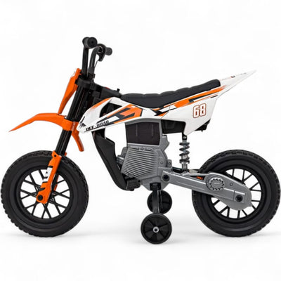 Mota Elétrica para Criança estilo CROSS 12v Laranja c/ RODAS DE BORRACHA & ASSENTO EM PELE