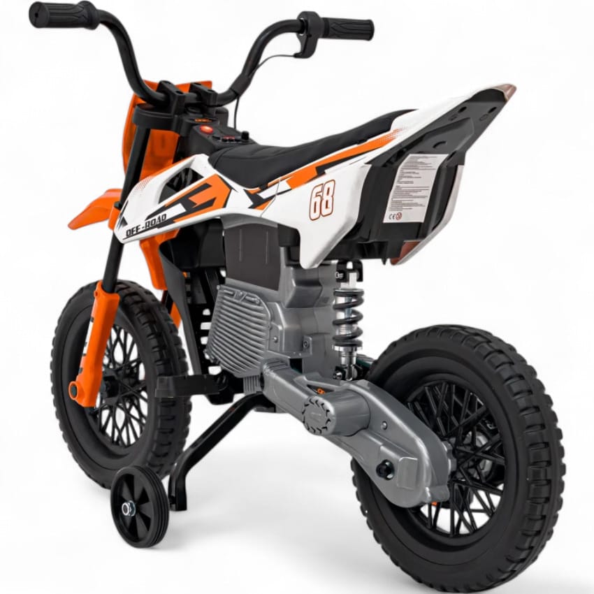 Mota Elétrica para Criança estilo CROSS 12v Laranja c/ RODAS DE BORRACHA & ASSENTO EM PELE