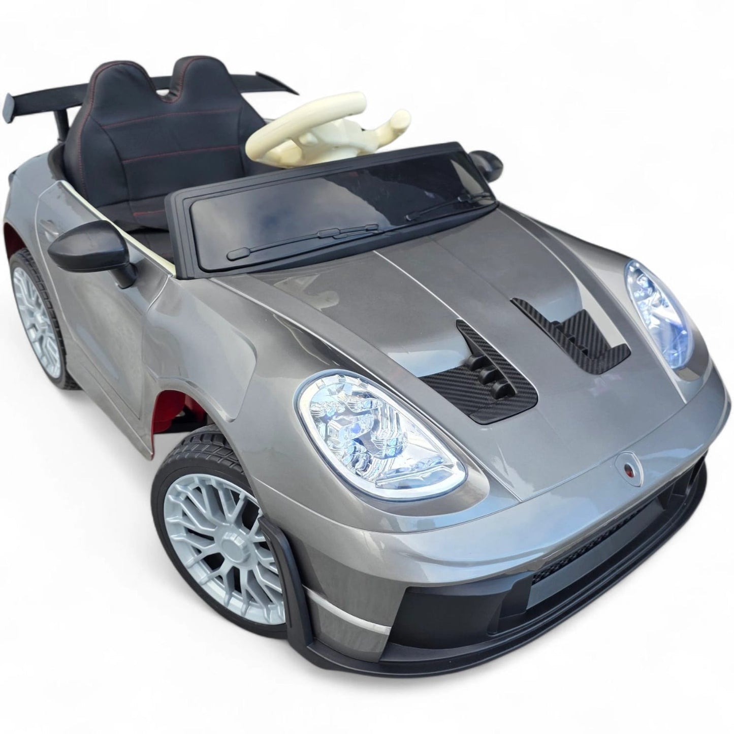 Carro Elétrico para Criança GT3 Style Cinza Metalizado 12v c/ RODAS DE BORRACHA & ASSENTO EM PELE