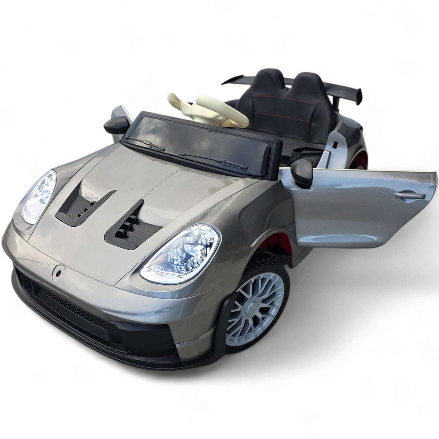 Carro Elétrico para Criança GT3 Style Cinza Metalizado 12v c/ RODAS DE BORRACHA & ASSENTO EM PELE