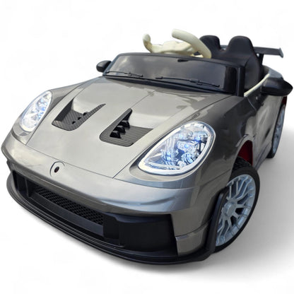 Carro Elétrico para Criança GT3 Style Cinza Metalizado 12v c/ RODAS DE BORRACHA & ASSENTO EM PELE