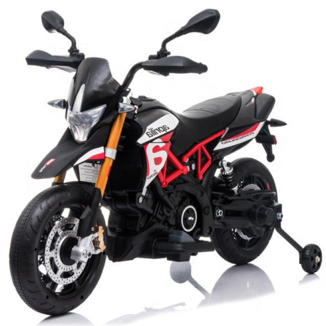 Mota Elétrica para Criança APRILIA DORSODURO 12v Preta c/ RODAS DE BORRACHA & ASSENTO EM PELE ECOLÓGICA