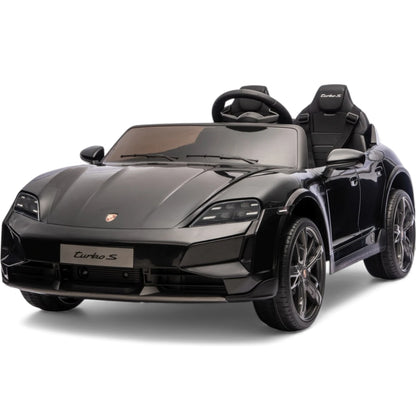 Carro Elétrico para Criança Porsche Taycan Turbo S Preto c/ Rodas de Borracha e Assento em Pele E Veludo