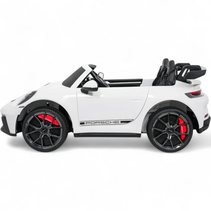 Carro Elétrico para Criança Porsche 911 GT3 24v STRONG XXL Branco c/ Rodas de Borracha e Assento em Pele E Veludo