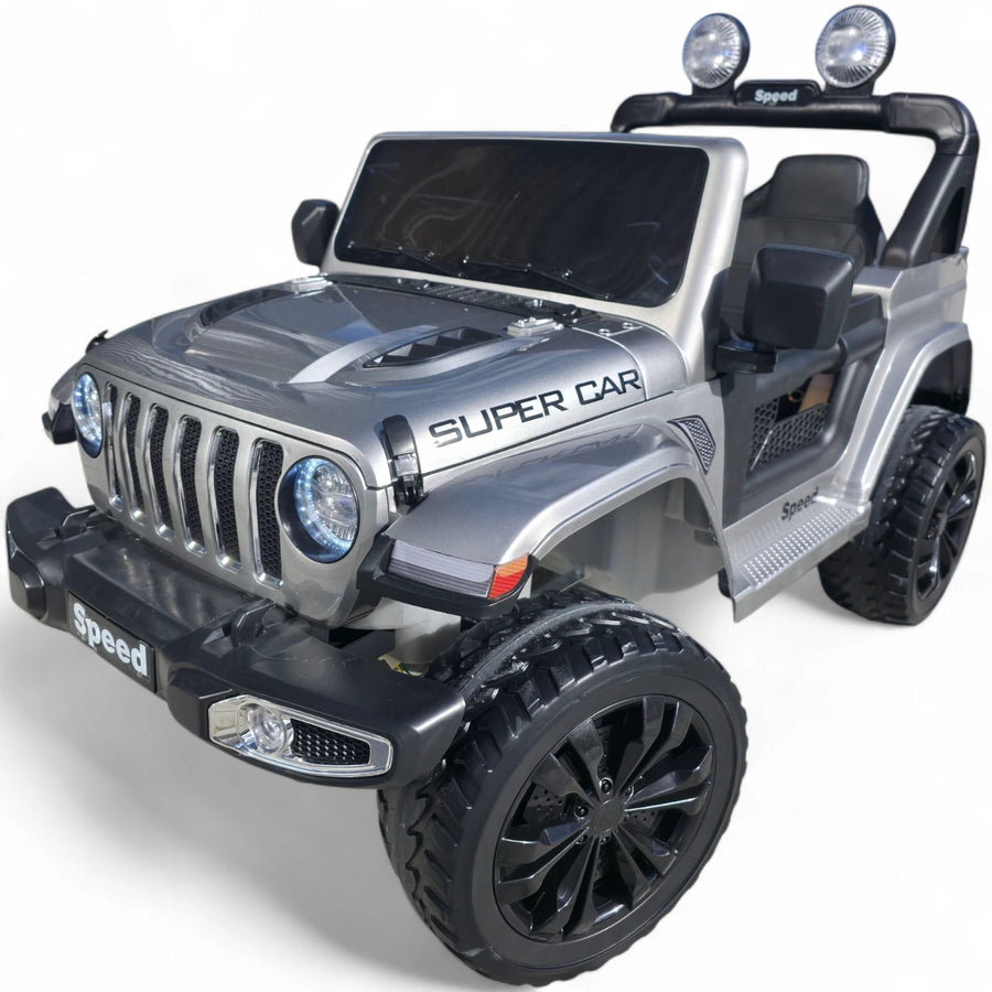 Carro Elétrico para Criança SPEED WRANGLER 4x4 Cinza Metalizado 12v c/ RODAS DE BORRACHA & ASSENTO EM PELE ECOLÓGICA