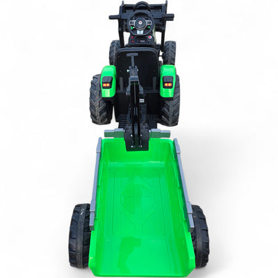 Trator Elétrico para Criança c/ Atrelado e escavadora 12v Verde c/ RODAS DE BORRACHA & ASSENTO EM PELE