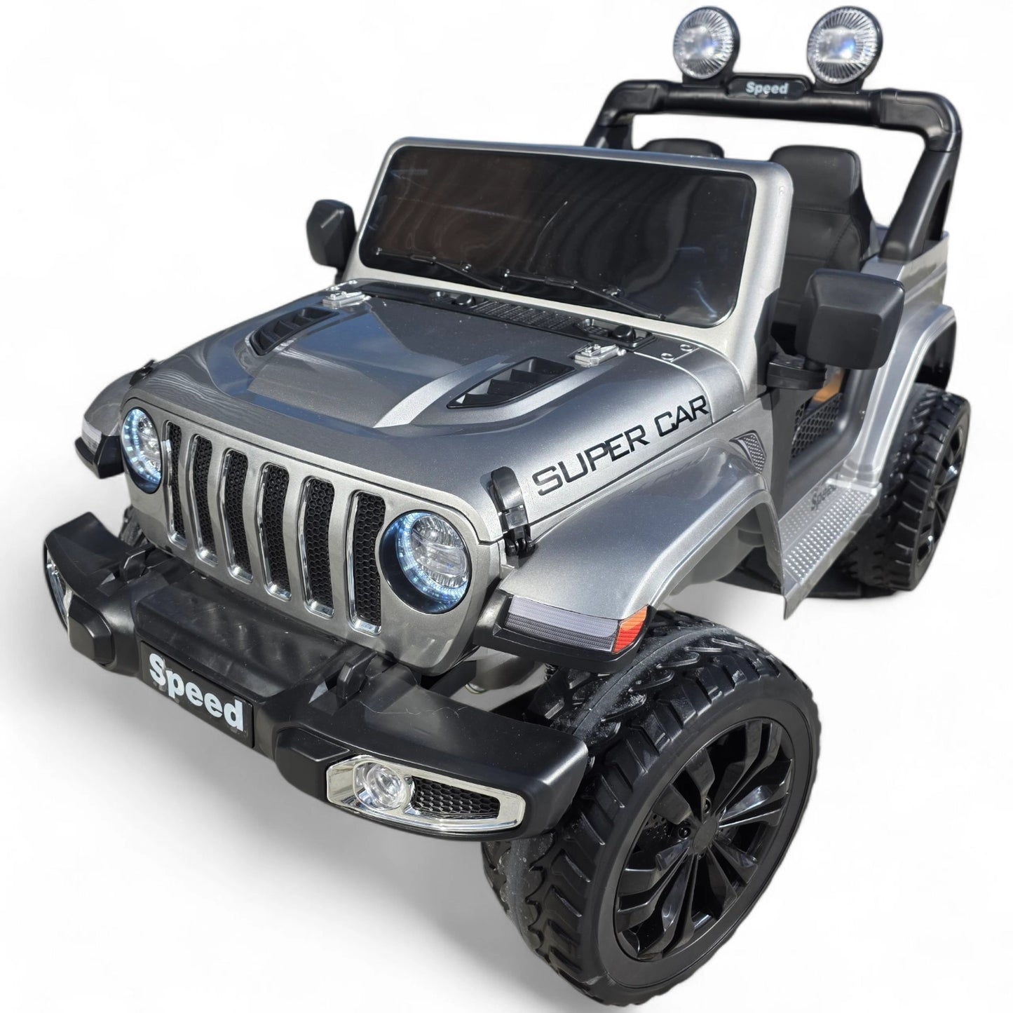 Carro Elétrico para Criança SPEED WRANGLER 4x4 Cinza Metalizado 12v c/ RODAS DE BORRACHA & ASSENTO EM PELE