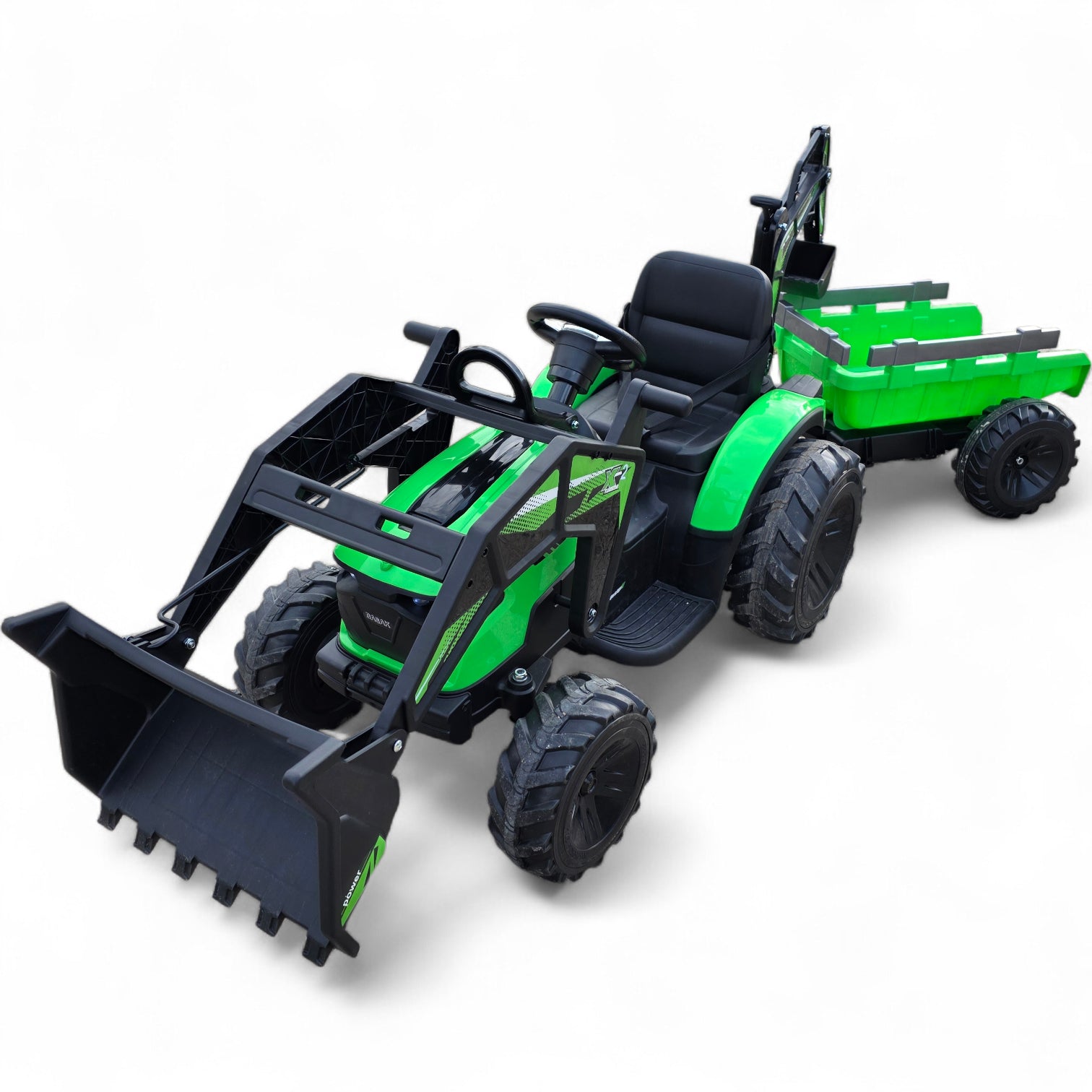Trator Elétrico para Criança c/ Atrelado e escavadora 12v Verde c/ RODAS DE BORRACHA & ASSENTO EM PELE