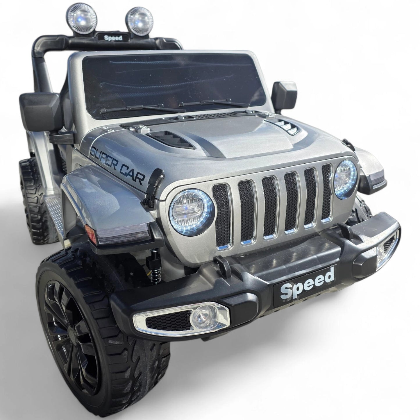 Carro Elétrico para Criança SPEED WRANGLER 4x4 Cinza Metalizado 12v c/ RODAS DE BORRACHA & ASSENTO EM PELE