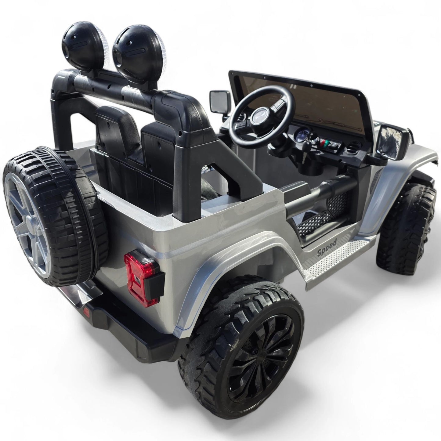 Carro Elétrico para Criança SPEED WRANGLER 4x4 Cinza Metalizado 12v c/ RODAS DE BORRACHA & ASSENTO EM PELE