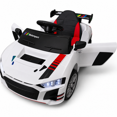 Carro Elétrico para Criança R8 Style 12v Branco c/ RODAS DE BORRACHA & ASSENTO EM PELE
