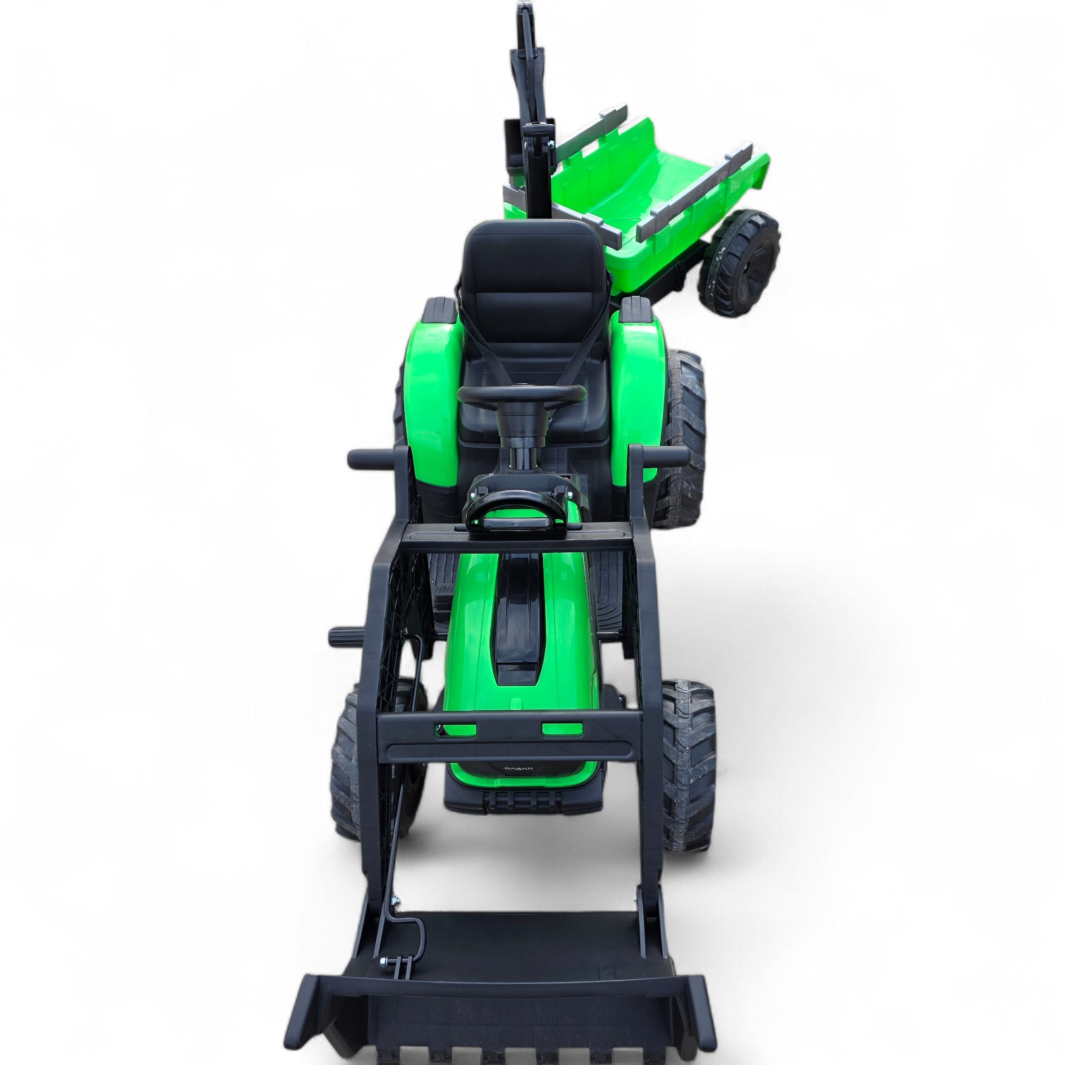 Trator Elétrico para Criança c/ Atrelado e escavadora 12v Verde c/ RODAS DE BORRACHA & ASSENTO EM PELE