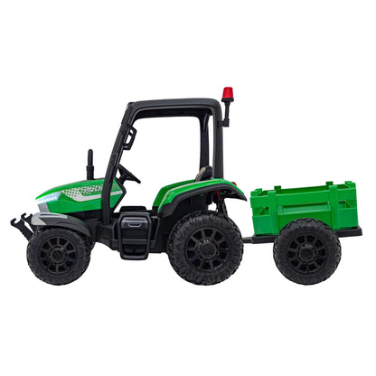 Trator Elétrico para Criança com Atrelado 24v Verde c/ RODAS DE BORRACHA & ASSENTO EM PELE