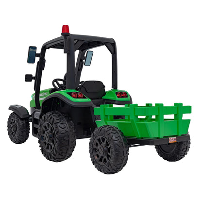 Trator Elétrico para Criança com Atrelado 24v Verde c/ RODAS DE BORRACHA & ASSENTO EM PELE