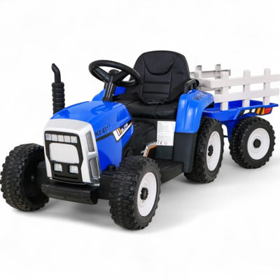 Trator Elétrico para Criança com Atrelado 12v Azul c/ RODAS DE BORRACHA & ASSENTO EM PELE