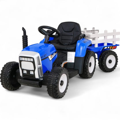 Trator Elétrico para Criança com Atrelado 12v Azul c/ RODAS DE BORRACHA & ASSENTO EM PELE