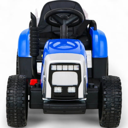 Trator Elétrico para Criança com Atrelado 12v Azul c/ RODAS DE BORRACHA & ASSENTO EM PELE