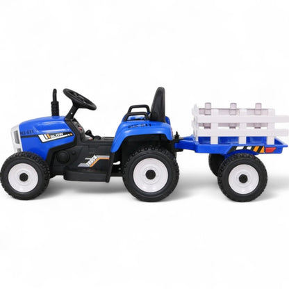 Trator Elétrico para Criança com Atrelado 12v Azul c/ RODAS DE BORRACHA & ASSENTO EM PELE