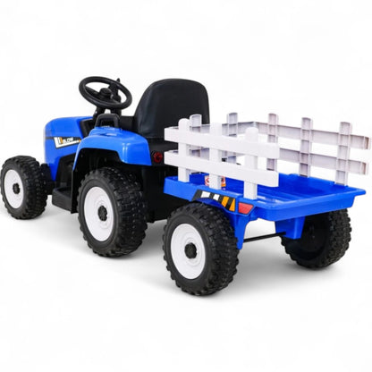 Trator Elétrico para Criança com Atrelado 12v Azul c/ RODAS DE BORRACHA & ASSENTO EM PELE