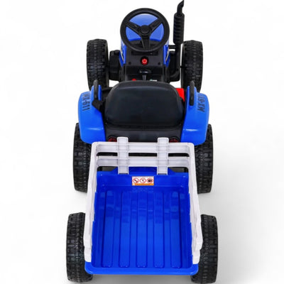 Trator Elétrico para Criança com Atrelado 12v Azul c/ RODAS DE BORRACHA & ASSENTO EM PELE