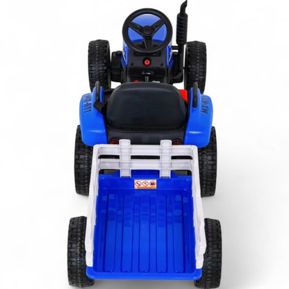 Trator Elétrico para Criança com Atrelado 12v Azul c/ RODAS DE BORRACHA & ASSENTO EM PELE