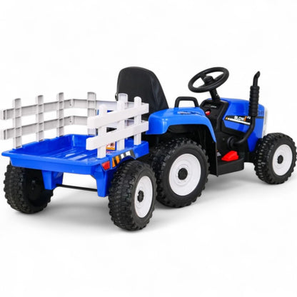 Trator Elétrico para Criança com Atrelado 12v Azul c/ RODAS DE BORRACHA & ASSENTO EM PELE