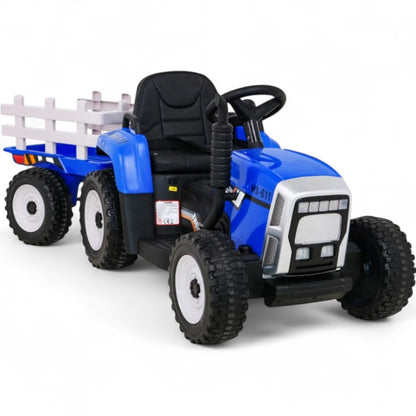 Trator Elétrico para Criança com Atrelado 12v Azul c/ RODAS DE BORRACHA & ASSENTO EM PELE