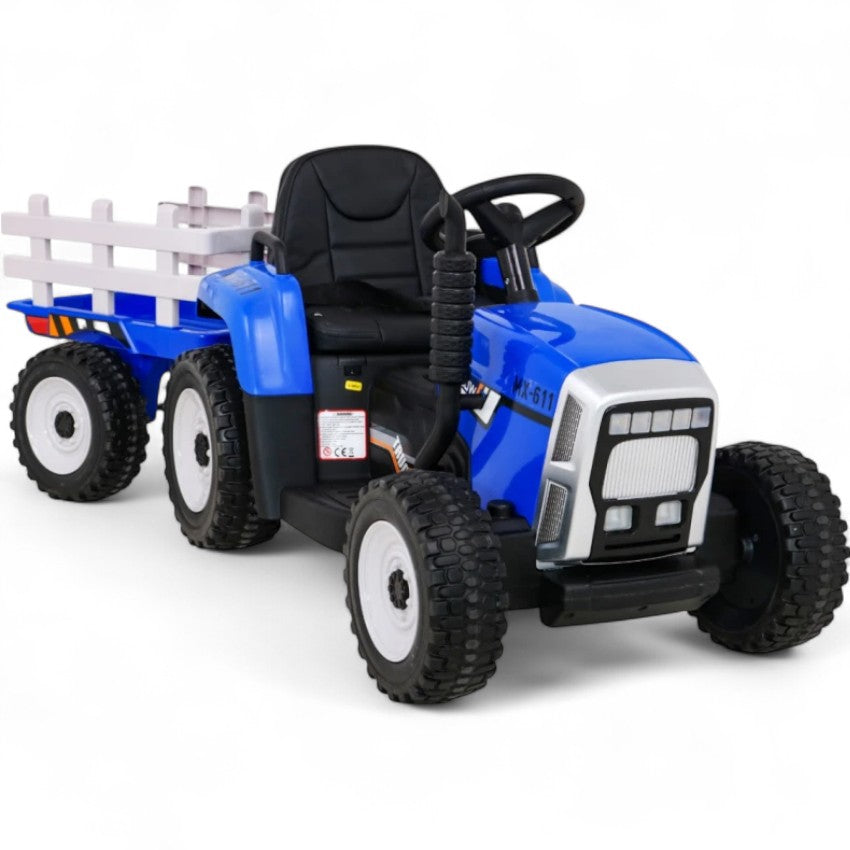 Trator Elétrico para Criança com Atrelado 12v Azul c/ RODAS DE BORRACHA & ASSENTO EM PELE