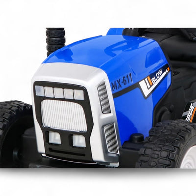 Trator Elétrico para Criança com Atrelado 12v Azul c/ RODAS DE BORRACHA & ASSENTO EM PELE