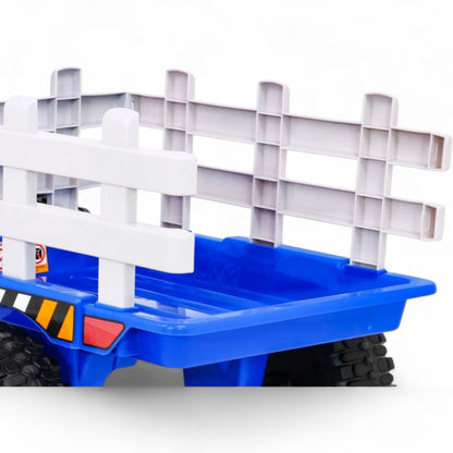 Trator Elétrico para Criança com Atrelado 12v Azul c/ RODAS DE BORRACHA & ASSENTO EM PELE