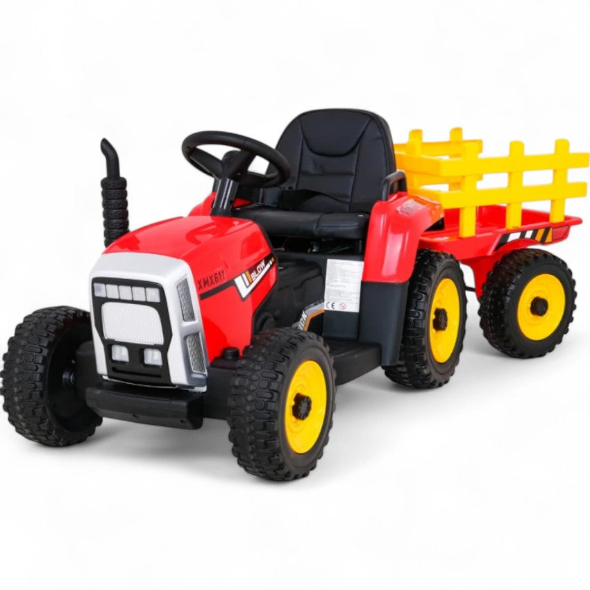Trator Elétrico para Criança com Atrelado 12v Vermelho c/ RODAS DE BORRACHA & ASSENTO EM PELE