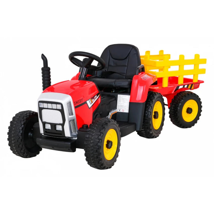 Trator Elétrico para Criança com Atrelado 12v Vermelho c/ RODAS DE BORRACHA & ASSENTO EM PELE ECOLÓGICA